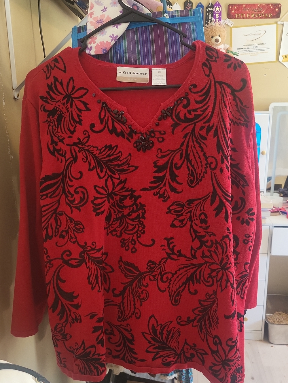 Alfred Dunner Red V-Neck Embellished Floral Sweater
